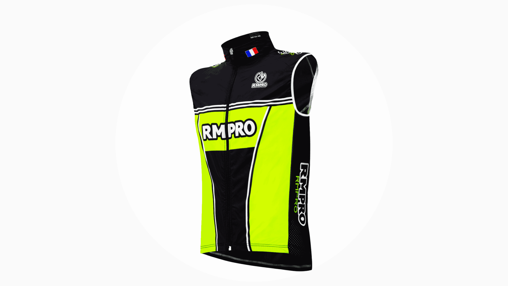 Gilet de cyclisme noir et jaune fluo avec zipp et logos personnalisés.