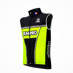 Gilet de cyclisme noir et jaune fluo avec zipp et logos personnalisés.