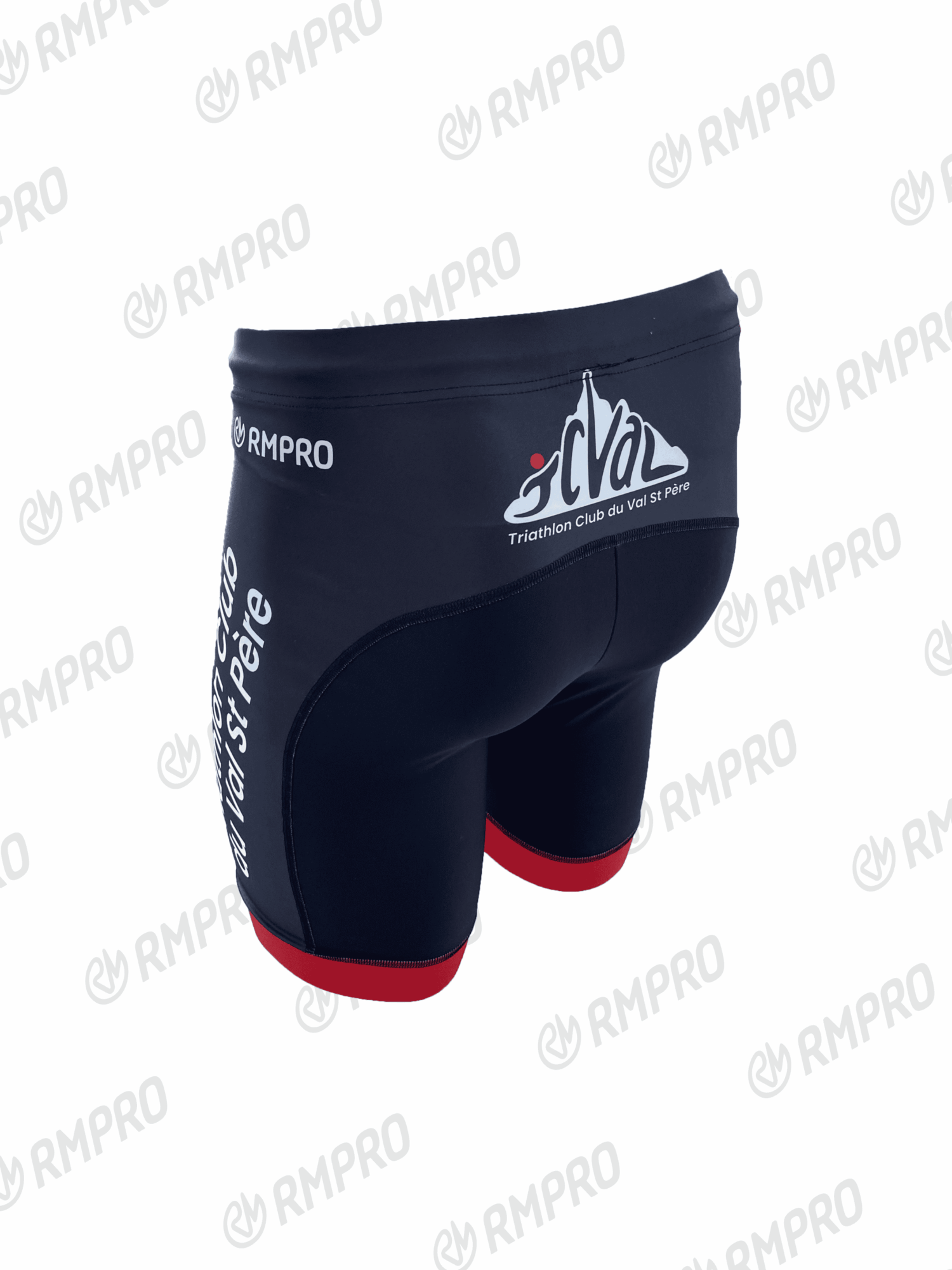 Cuissard technique noir avec éléments rouges et logo du Triathlon Club du Val St Père.