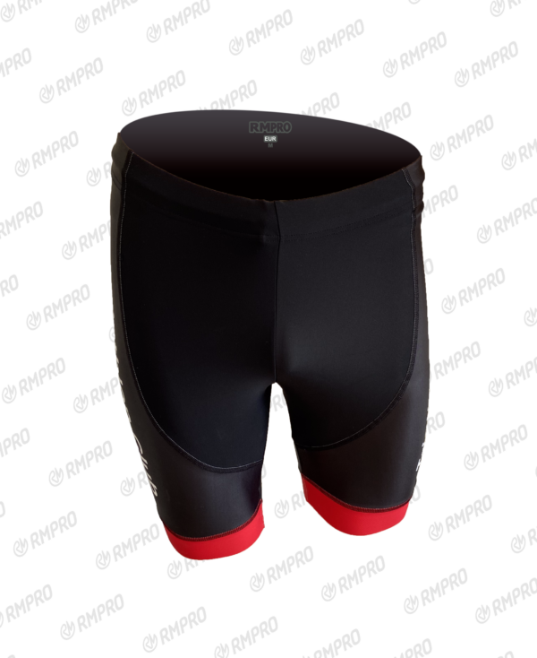 Cuissard technique noir avec détails rouges, conçu pour le triathlon et personnalisable avec des logos.