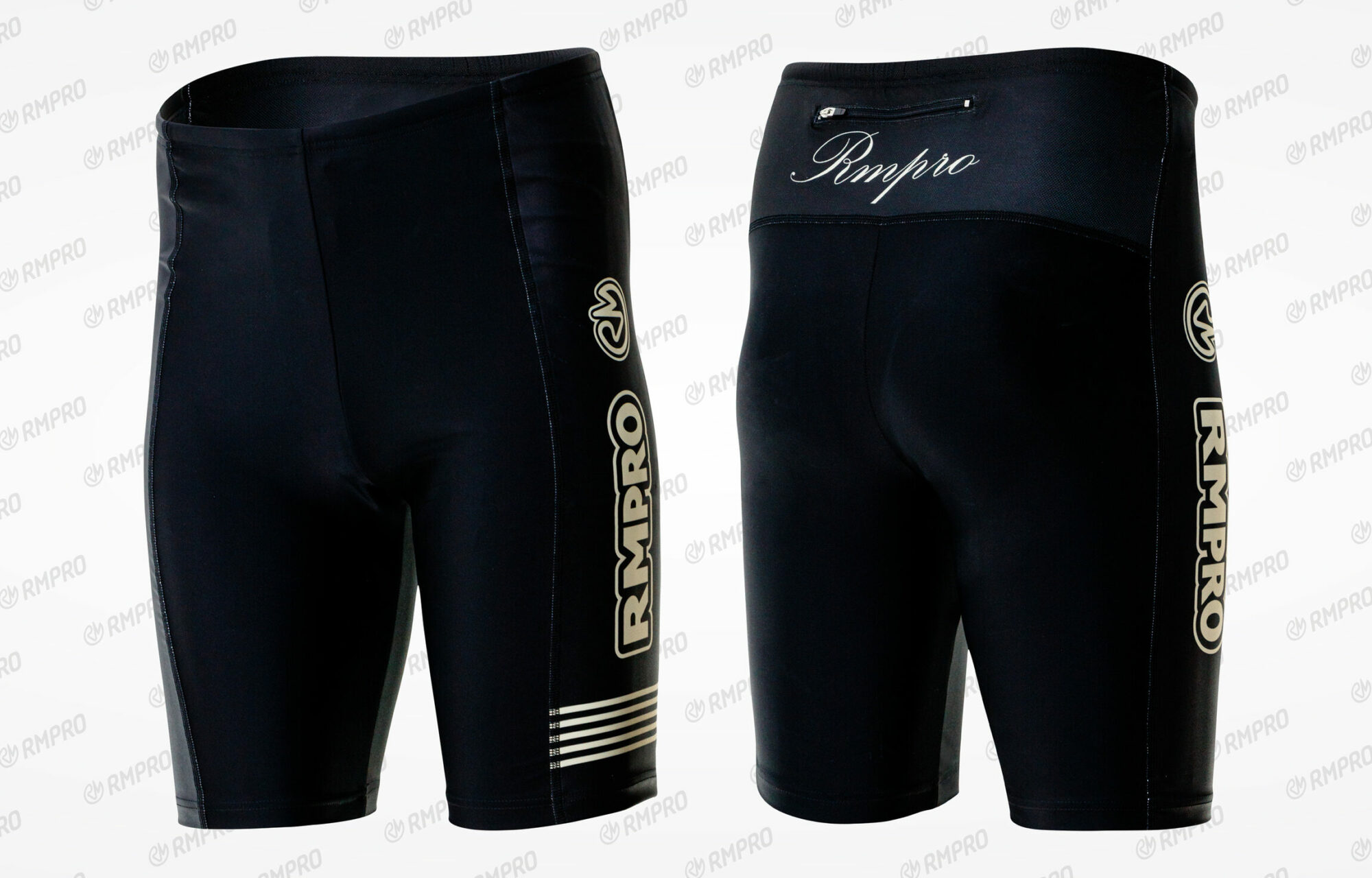 Cuissard technique noir avec poche zippée et branding visible pour des vêtements de cyclisme personnalisés.