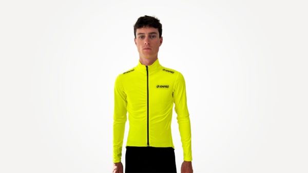 Veste technique coupe-vent jaune fluo avec logo RMPRO, adaptée pour le cyclisme.