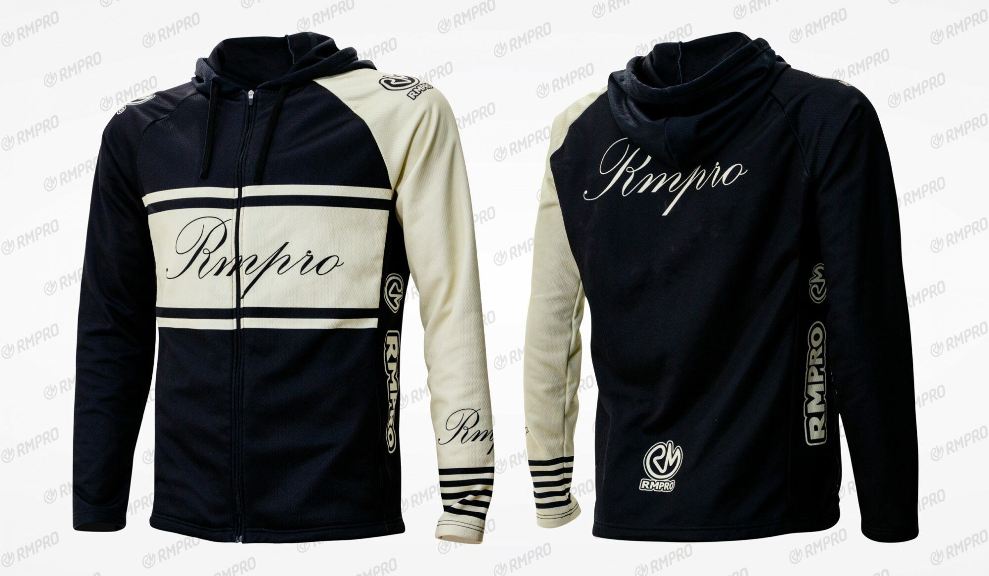 Maillot à capuche manches longues en noir et crème avec logo personnalisé RMPRO.