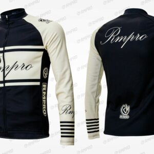 Veste demi-saison noire et beige avec motifs personnalisés pour le cyclisme.