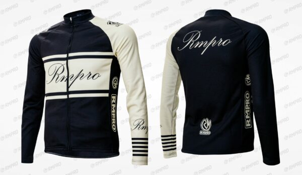 Veste demi-saison noire et beige avec motifs personnalisés pour le cyclisme.