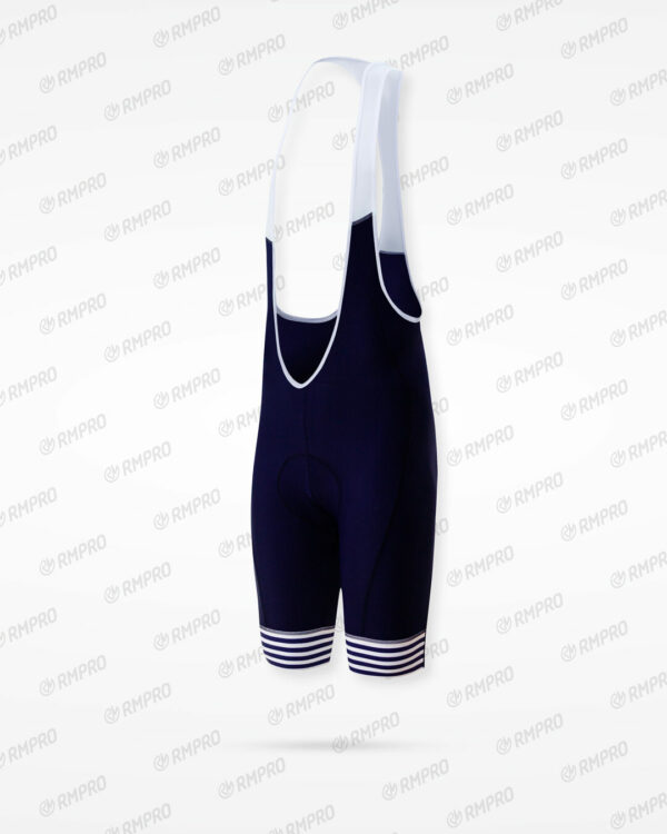 Cuissard technique préformé bleu marine avec bretelles et détails de personnalisation.