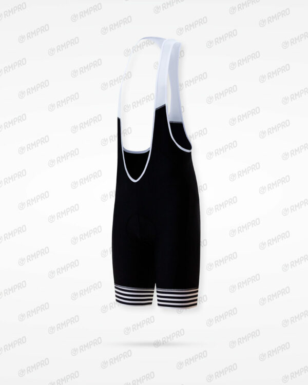 Cuissard technique noir avec bretelles et bas rayés blancs, conçu pour le cyclisme.