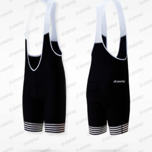 Cuissard technique noir avec bretelles et détails rayés blancs, conçu pour le cyclisme.