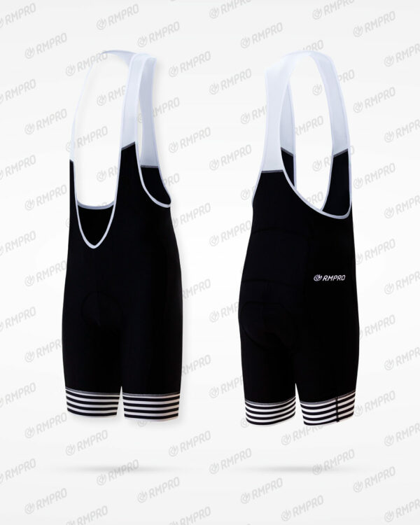 Cuissard technique noir avec bretelles et détails rayés blancs, conçu pour le cyclisme.