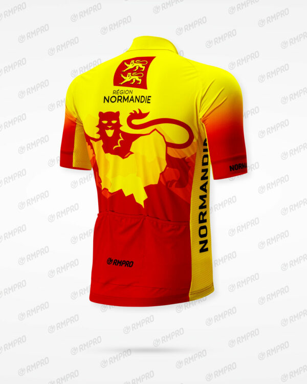Maillot de cyclisme jaune et rouge aux armoiries de la région Normandie.