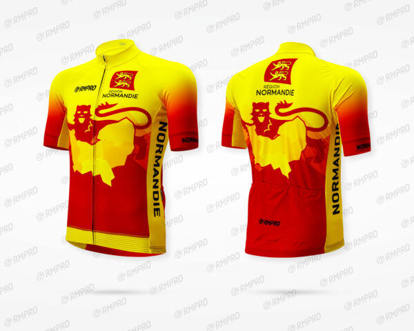 Maillot de cyclisme court personnalisé aux couleurs de la Normandie avec logo et motifs graphiques.