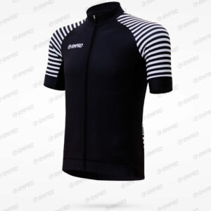 Maillot de cyclisme noir avec manches à rayures blanches, personnalisé avec un logo.