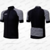 Maillot de cyclisme noir avec manches rayées blanches et détail de poches arrière.