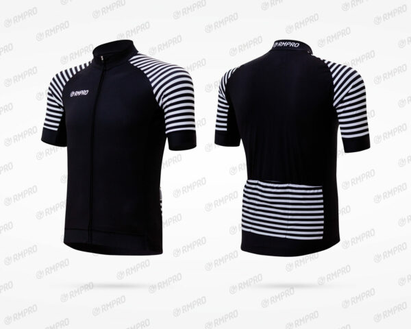 Maillot de cyclisme noir avec manches rayées blanches et détail de poches arrière.