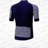 Maillot de cyclisme à manches courtes, bleu marine avec rayures blanches, design technique.