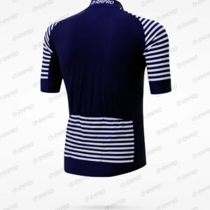 Maillot de cyclisme à manches courtes, bleu marine avec rayures blanches, design technique.