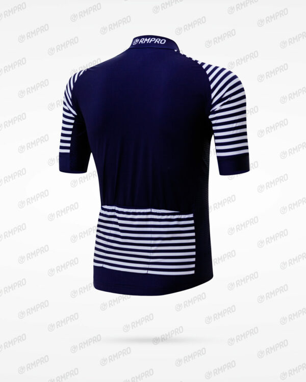 Maillot de cyclisme à manches courtes, bleu marine avec rayures blanches, design technique.
