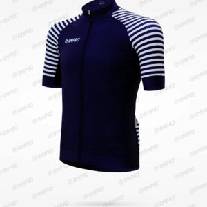 Maillot technique à manches courtes bleu marine avec manches rayées blanches, personnalisable pour clubs de cyclisme.