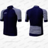 Maillot de cyclisme bleu marine avec manches rayées blanches et fermeture éclair, design personnalisé visible.