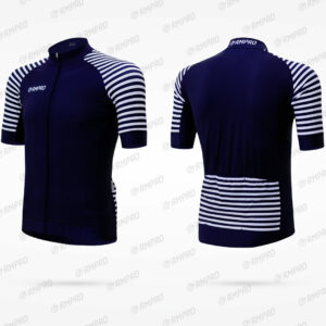 Maillot de cyclisme bleu marine avec manches rayées blanches et fermeture éclair, design personnalisé visible.