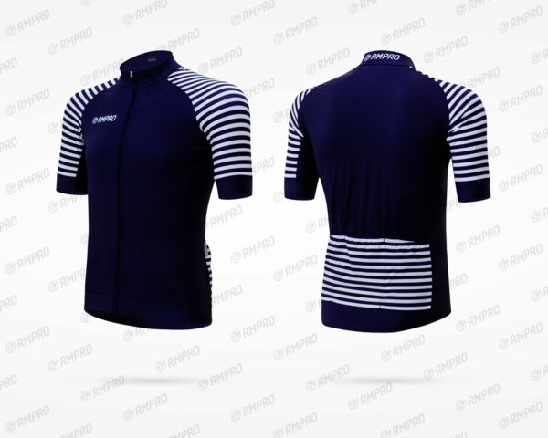 Maillot de cyclisme bleu marine avec manches rayées blanches et fermeture éclair, design personnalisé visible.