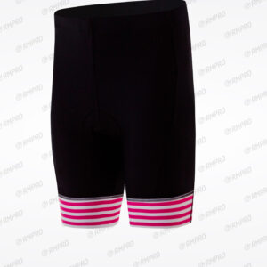 Cuissard technique noir avec bandes rayées roses, conçu pour les cyclistes.