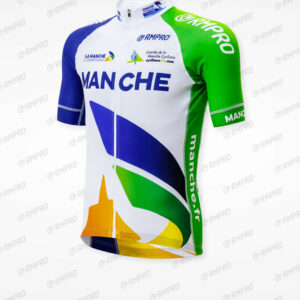 Maillot de cyclisme personnalisé aux couleurs du comité de la Manche, avec motifs dynamique et logo sur la poitrine.