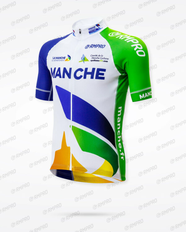 Maillot de cyclisme personnalisé aux couleurs du comité de la Manche, avec motifs dynamique et logo sur la poitrine.