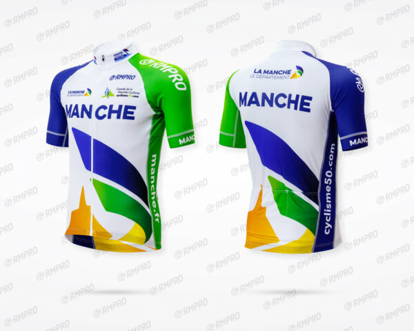 Maillot de cyclisme personnalisé aux couleurs de la Manche avec logo et design graphique dynamique.