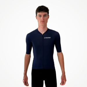 Maillot manche courte bleu foncé avec zip, adapté pour le cyclisme et personnalisable avec logos.