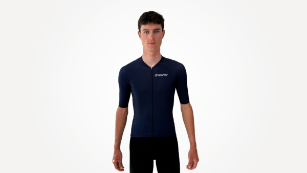Maillot manche courte bleu foncé avec zip, adapté pour le cyclisme et personnalisable avec logos.