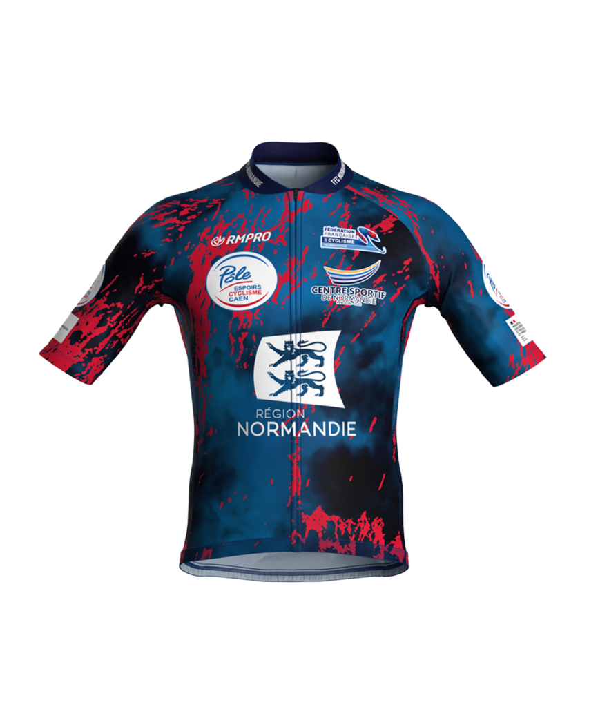Maillot manches courtes aux couleurs personnalisées avec logos, motif bleu et rouge, adapté au cyclisme.