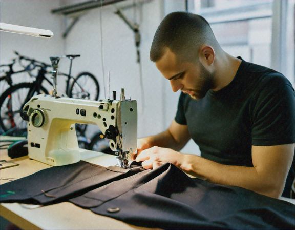 Atelier de couture avec un homme en train de coudre un vêtement technique pour le cyclisme.