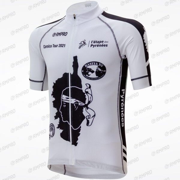 Maillot de cyclisme blanc avec motifs noirs et logos pour l'étape des Pyrénées.