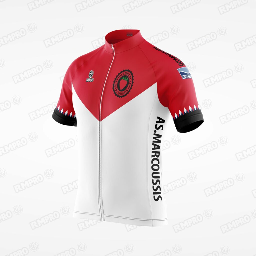 Maillot de cyclisme personnalisé, rouge et blanc, avec logos et inscriptions du club AS Marcoussis.