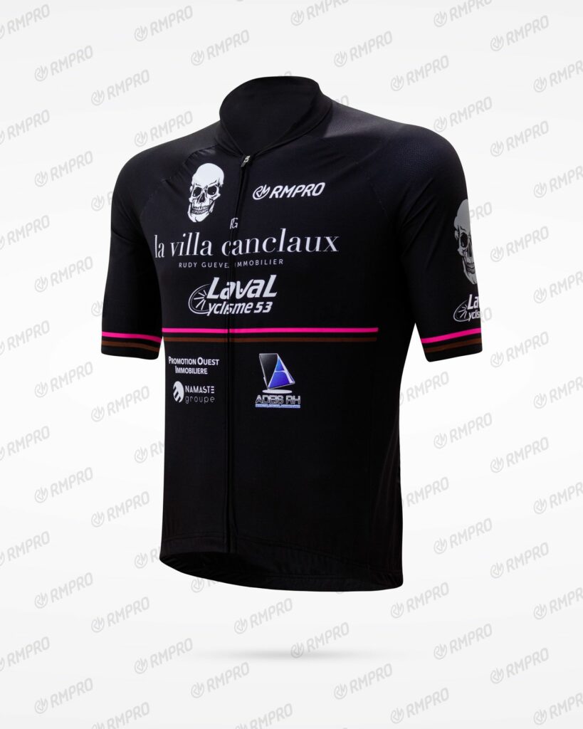 Maillot de cyclisme noir personnalisé avec logos et détails colorés aux couleurs d'un club.