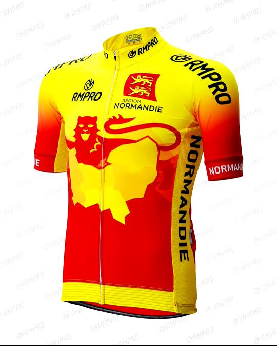Maillot de cyclisme à manches courtes aux couleurs de la région Normandie, avec motifs graphiques distinctifs.