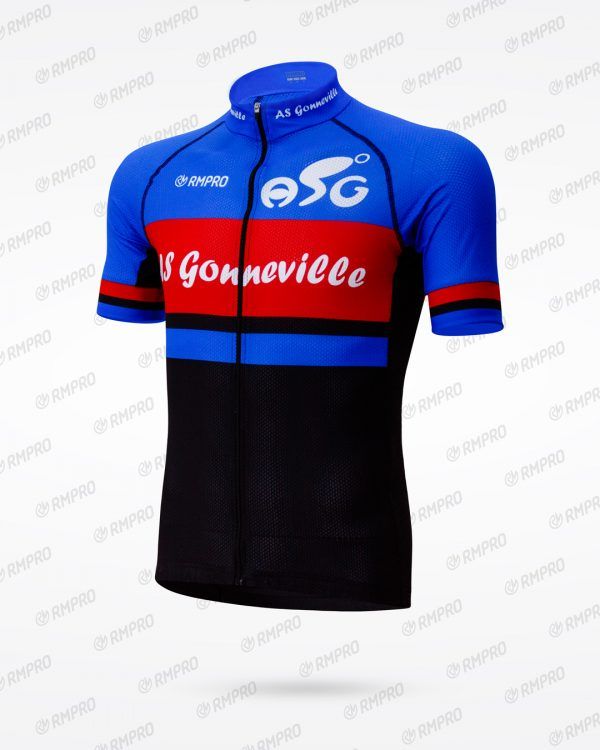 Maillot de cyclisme bleu et rouge avec logo personnalisé AS Gonneville.
