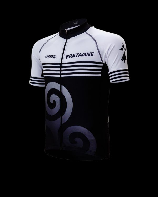 Maillot de cyclisme personnalisé noir et blanc avec motifs et logo "Bretagne".