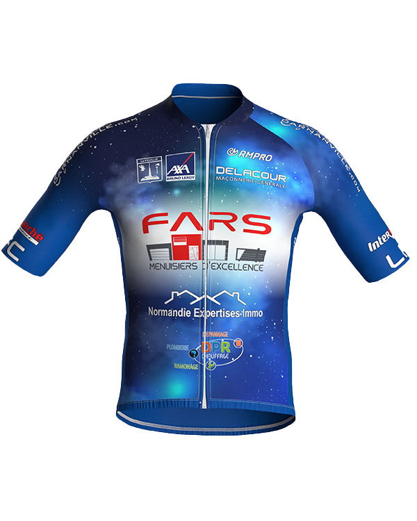 Maillot de cyclisme à manches courtes personnalisé avec des logos sur fond bleu étoilé.