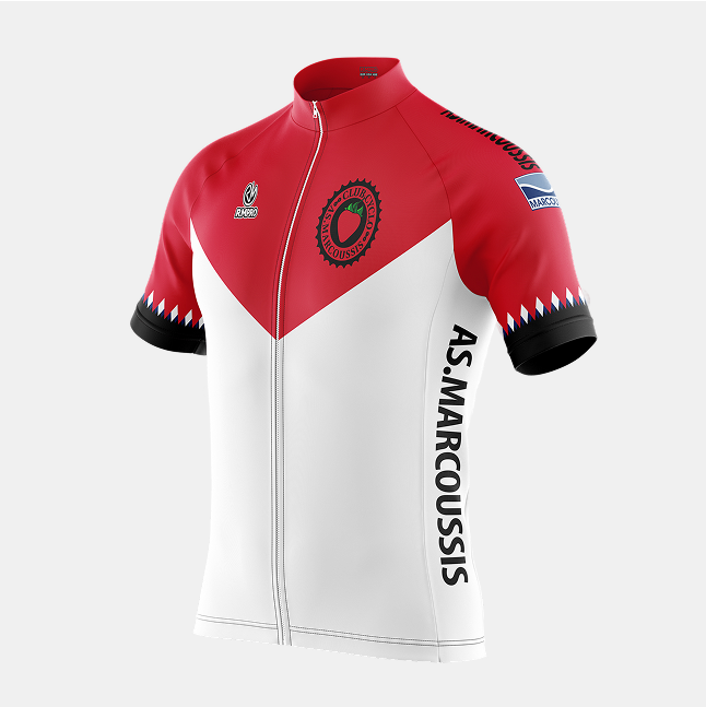 Maillot de cyclisme personnalisable rouge et blanc avec logo du club AS Marcoussis.