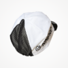 Casquette technique blanche et noire avec logo, idéale pour le cyclisme et la personnalisation des clubs.