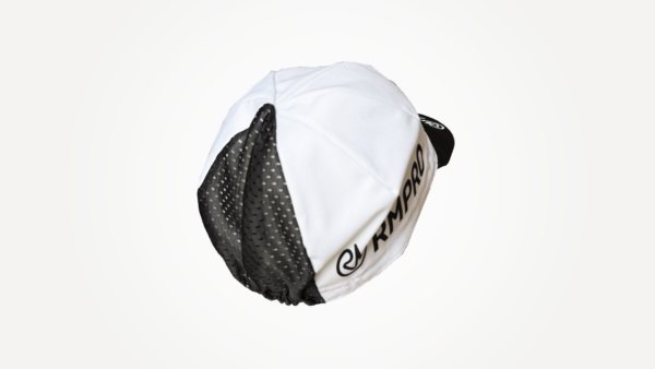 Casquette technique blanche et noire avec logo, idéale pour le cyclisme et la personnalisation des clubs.