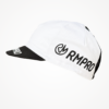 Casquette blanche avec visière noire et logo RMPRO, idéale pour le cyclisme.