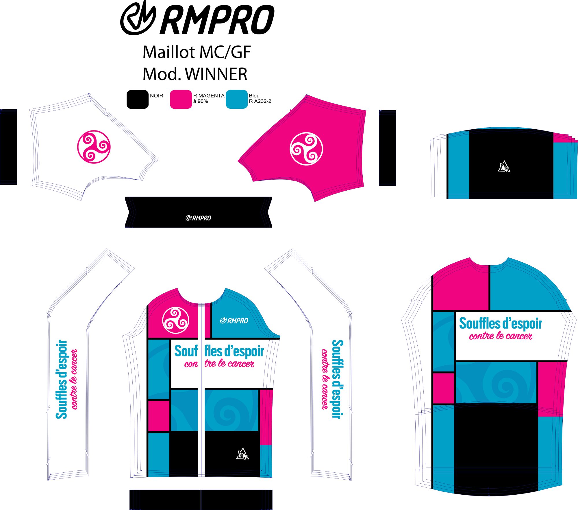 Maquette graphique d'un maillot personnalisé avec des motifs bleus, roses et le texte "Souffles d'espoir contre le cancer".