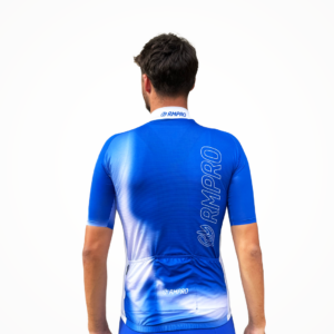 Maillot manches courtes bleu dégradé avec logo RMPro, vue arrière.