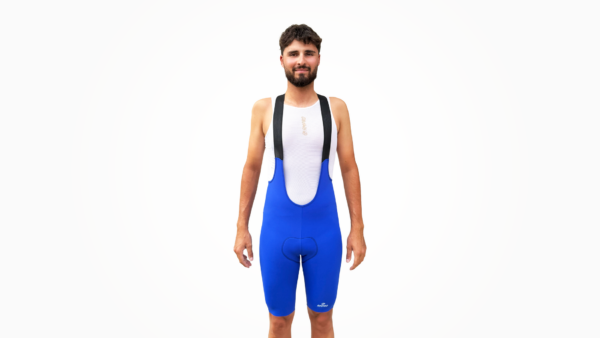 Cuissard technique bleu avec bretelles, conçue pour le cyclisme.